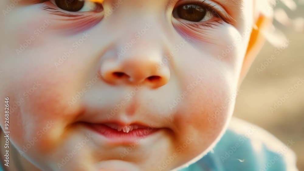 Young boy with rosy cheeks is outside, making a silly face in the golden hour sunlight. His blonde hair and brown eyes shine as he looks playfully at the camera, radiating joy and innocence Young boy with rosy cheeks is outside, making a silly face in the golden hour sunlight. His blonde hair and brown eyes shine as he looks playfully at the camera, radiating joy and innocence