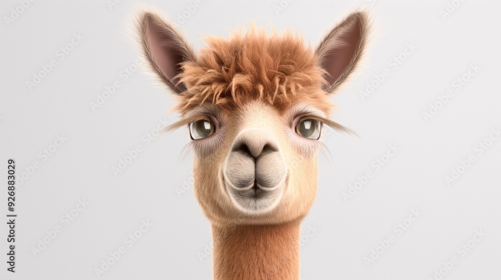 Obraz premium Curious Alpaca: A close-up portrait of a charming alpaca with inquisitive eyes and a soft, fluffy coat, captured in a playful and engaging style. This image evokes feelings of wonder and amusement