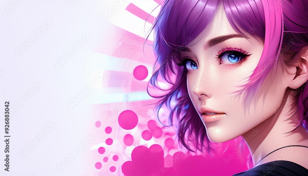 Close up of a manga woman with bold pink and purple pop art elements and space for additional text. Close up of a manga woman with bold pink and purple pop art elements and space for additional text.