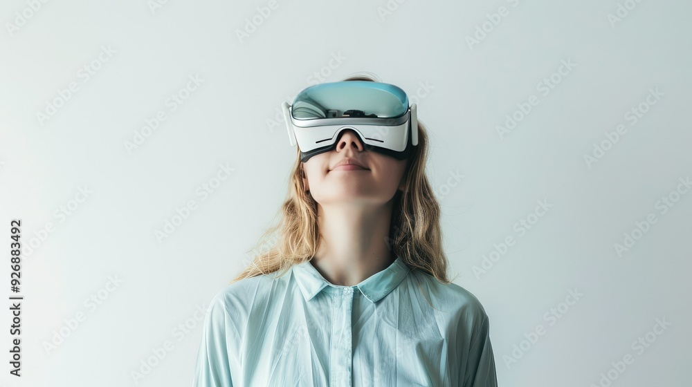 A young woman with blonde hair wears a virtual reality headset, smiling as she explores a digital world. A young woman with blonde hair wears a virtual reality headset, smiling as she explores a digital world.