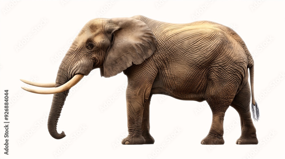 Obraz premium Majestic African Elephant: A solitary African elephant stands proudly against a white backdrop, showcasing its impressive size, wrinkled skin, and tusks.
