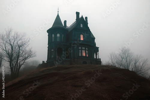 Gothic-style mansion on a foggy hill, illuminated windows casting an eerie glow. photo