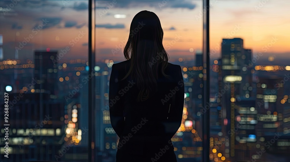 Silhouette of a woman looking out a city skyline at sunset, capturing a moment of reflection and contemplation. Silhouette of a woman looking out a city skyline at sunset, capturing a moment of reflection and contemplation.