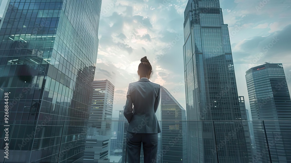 A businesswoman gazes out over a city skyline, embodying ambition and contemplation amidst towering buildings. A businesswoman gazes out over a city skyline, embodying ambition and contemplation amidst towering buildings.