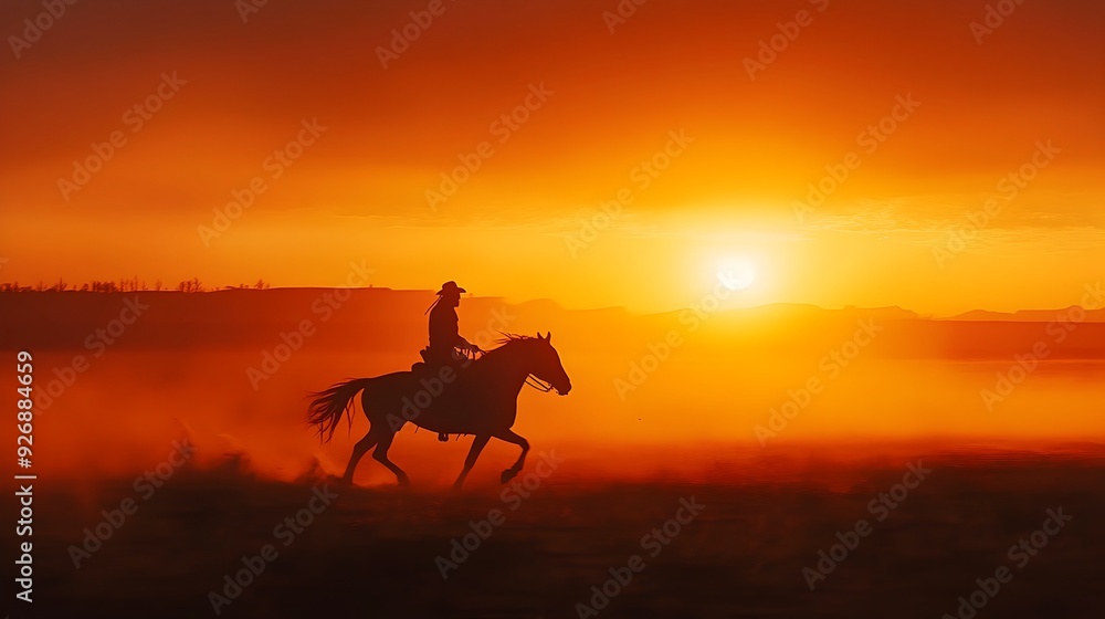 Silhouetted Rider Galloping Across Vast Desert at Dramatic Sunset Silhouetted Rider Galloping Across Vast Desert at Dramatic Sunset