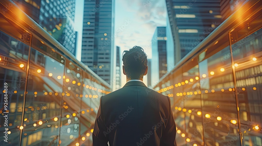 A businessman stands in a modern urban landscape, gazing at skyscrapers illuminated by vibrant city lights during twilight.