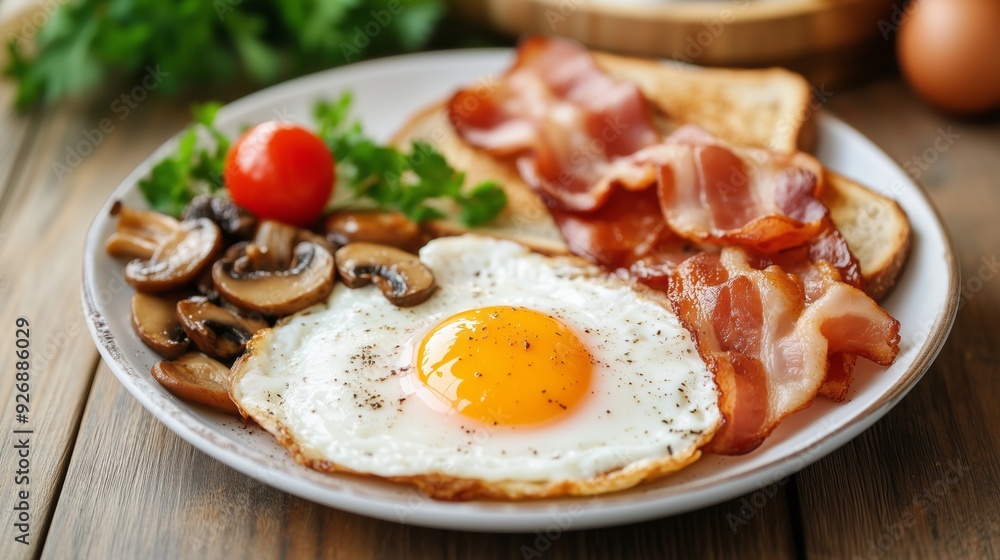 A delicious breakfast featuring sunny side up eggs, crispy bacon, sauteed mushrooms, and slices of toast, garnished with a cherry tomato and fresh greens.