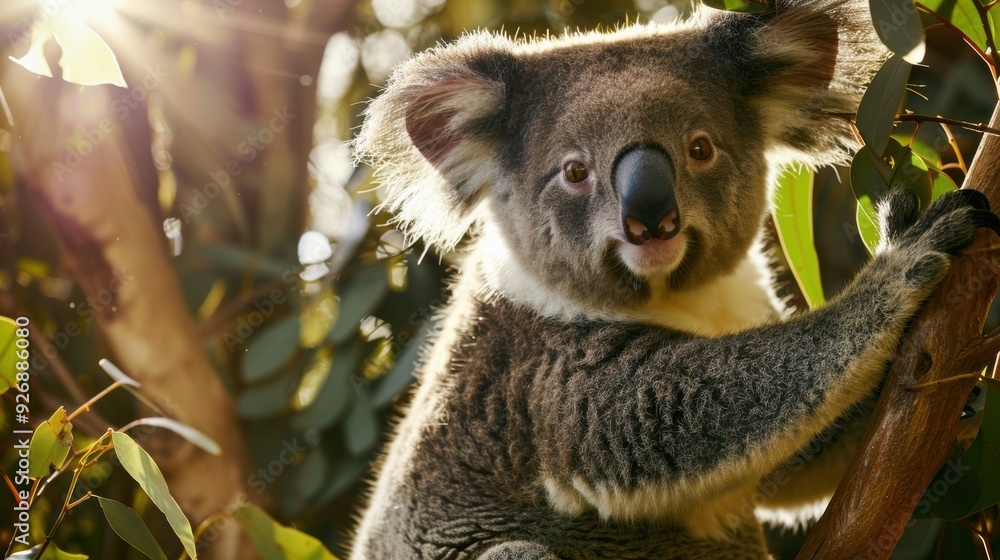 Obraz premium a koala in a tree, with its soft fur illuminated by the setting sun. Ideal for eco-tourism promotions and educational exhibits about Australian wildlife.