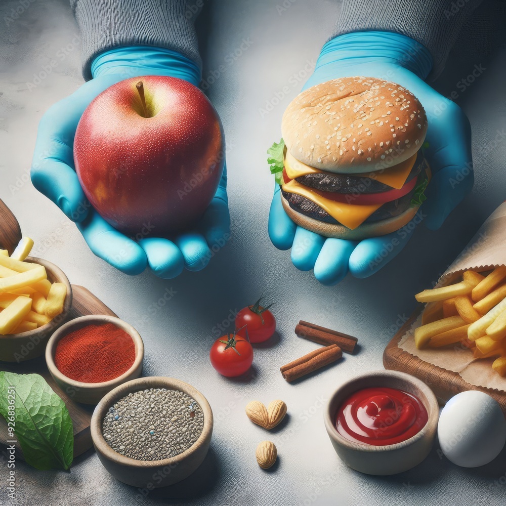 A person making a choice between a healthy apple and a junk food hamburger, highlighting the contrast between nutritious and unhealthy eating habits.
A person making a choice between a healthy apple and a junk food hamburger, highlighting the contrast between nutritious and unhealthy eating habits.