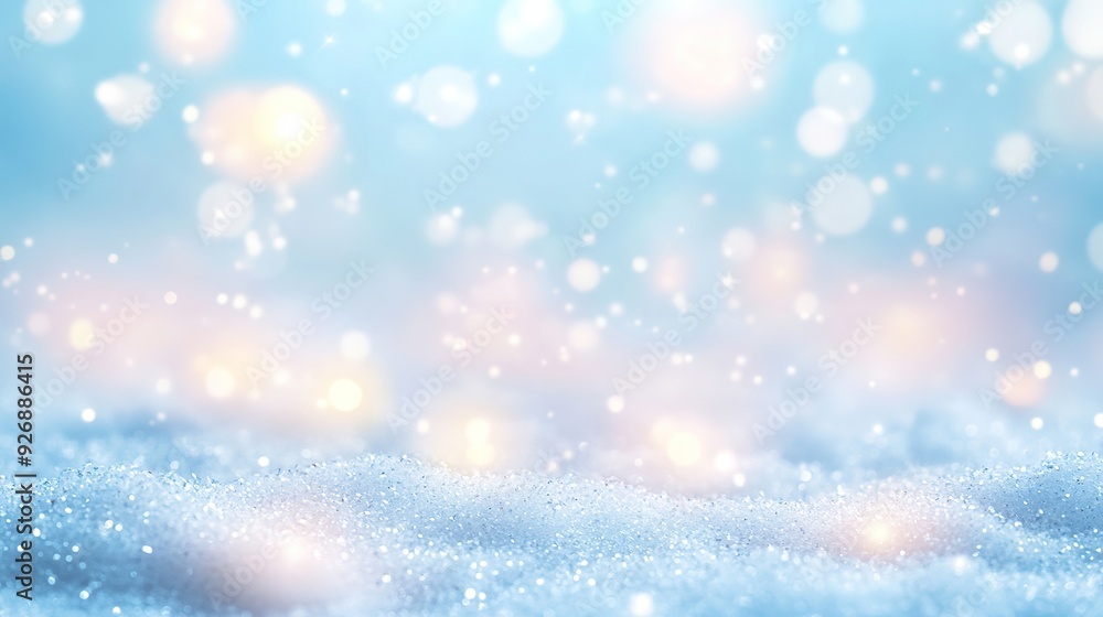 Ethereal Winter Celebration Banner with Snow Bokeh and Glittering Lights, Pastel Blue and Gold Themed Design for Christmas or New Year's Festivities, Copy Space Included Ethereal Winter Celebration Banner with Snow Bokeh and Glittering Lights, Pastel Blue and Gold Themed Design for Christmas or New Year's Festivities, Copy Space Included