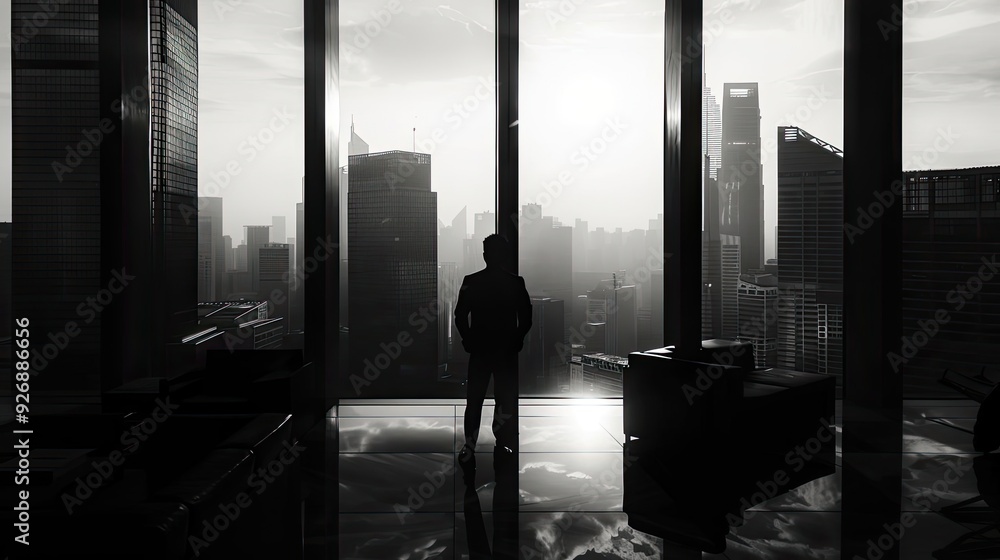 Fototapeta premium A silhouette of a person in a modern office overlooking a city skyline during sunset, conveying feelings of solitude and reflection.