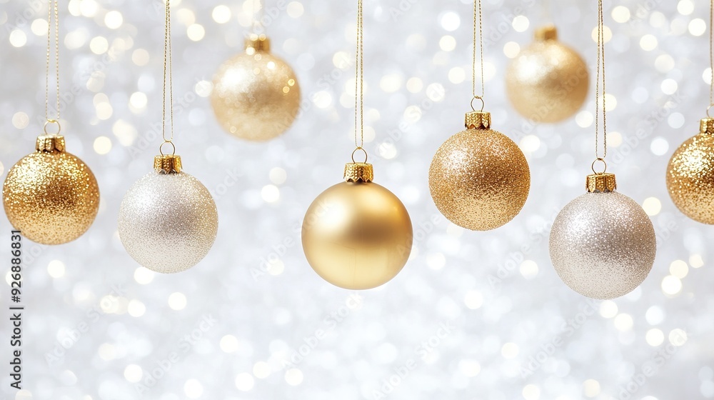 Shimmering Silver Background with Golden Christmas Ornaments, Festive Bokeh Lights, and Sparkling Decorations for a Joyful New Year Celebration Shimmering Silver Background with Golden Christmas Ornaments, Festive Bokeh Lights, and Sparkling Decorations for a Joyful New Year Celebration