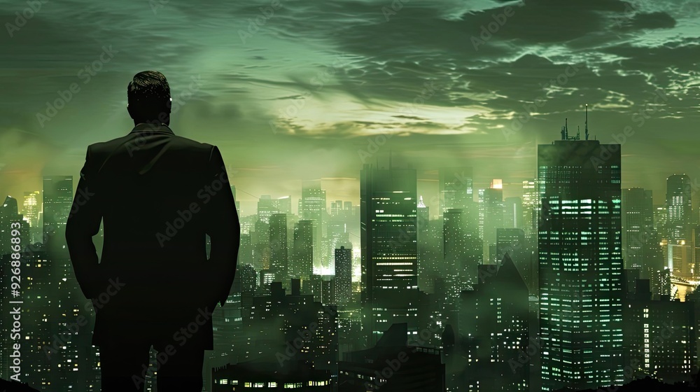 A silhouette of a man overlooking a futuristic city with a green skyline at dusk, evoking mystery and urban exploration. A silhouette of a man overlooking a futuristic city with a green skyline at dusk, evoking mystery and urban exploration.