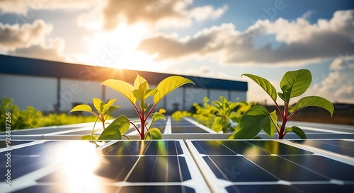 A modern ecofriendly green roof covered in lush vegetation and interspersed with efficient solar panels harnessing sustainable energy under a clear blue sky  