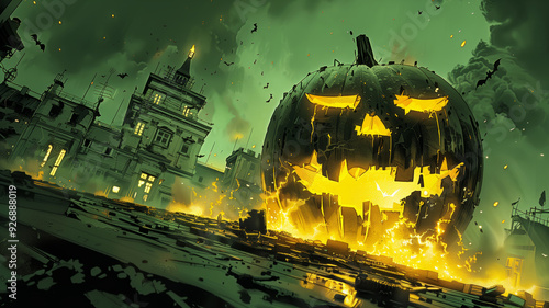 Giant Glowing Jack-O'-Lantern Towering Over Haunted Mansion with Bats in Green Sky at Halloween Night photo