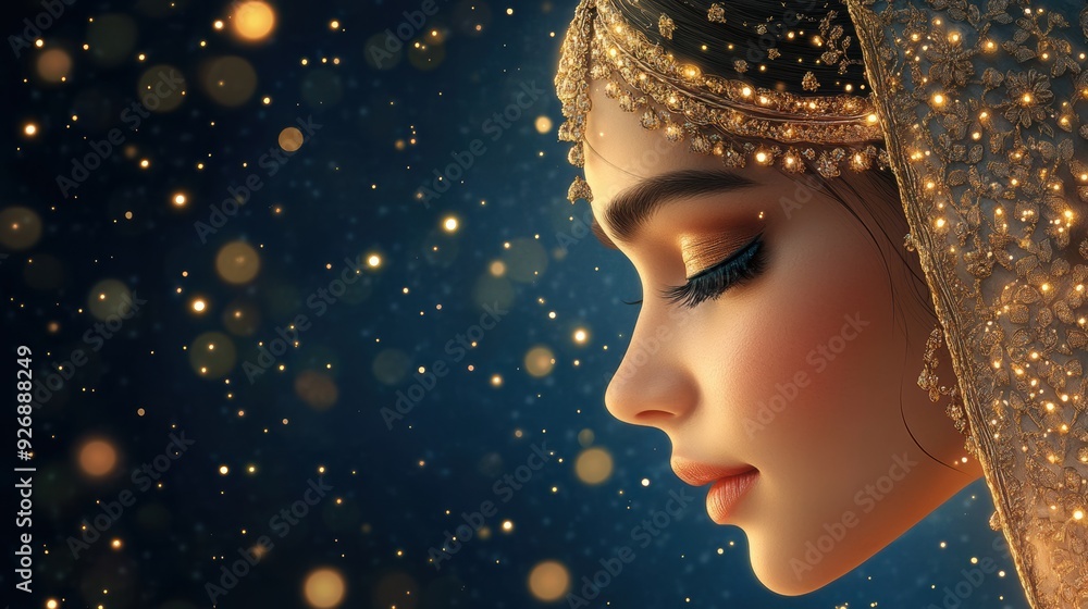 A graceful woman adorned with a sparkling veil, illuminated by shimmering light, embodying beauty and elegance in a magical atmosphere. A graceful woman adorned with a sparkling veil, illuminated by shimmering light, embodying beauty and elegance in a magical atmosphere.