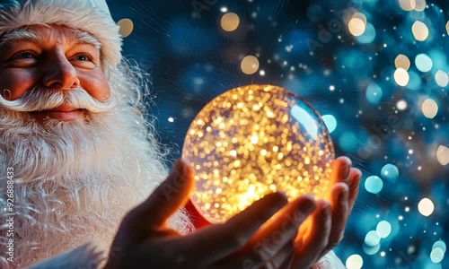 Happy Santa Claus holding glowing christmas ball over defocused blue background