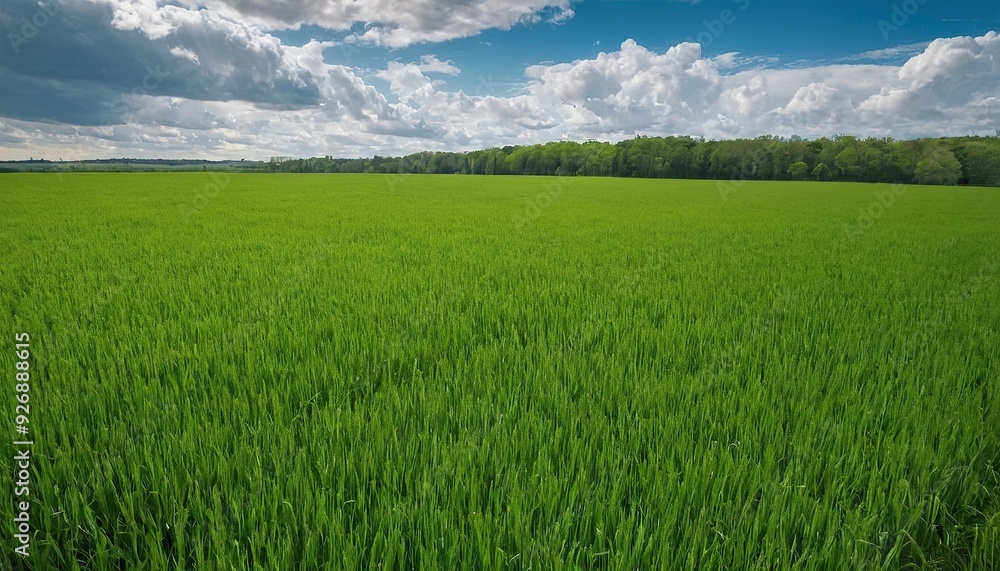 Rural landscape with field and blue sky with clouds spring seasonal natural background Panoramic view 12