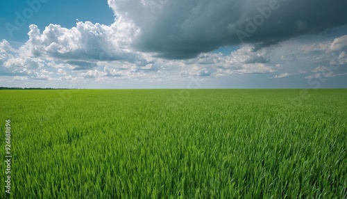 Large harvest of wheat in summer on the field landscape with blue sky and clouds Wide shot 8