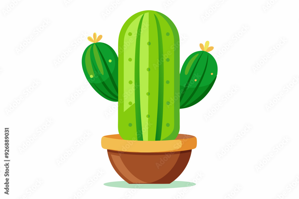 Green Cactus Plant in a Brown Pot with Yellow Flowers Green Cactus Plant in a Brown Pot with Yellow Flowers