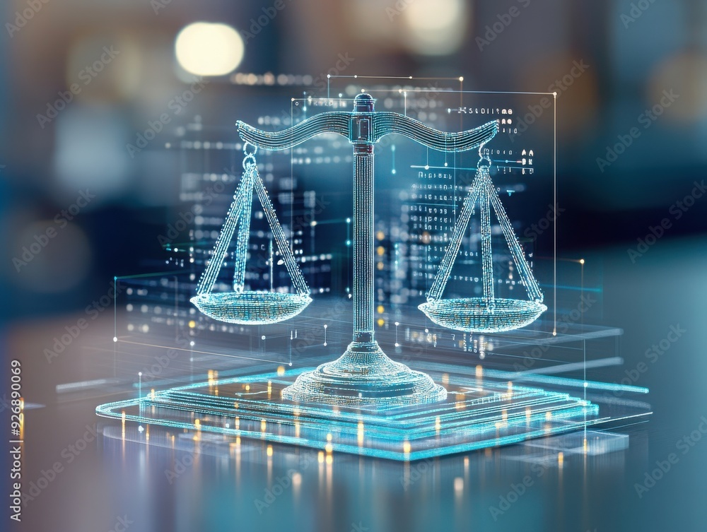 A futuristic digital representation of a balance scale symbolizing justice and legal technology in a modern environment. A futuristic digital representation of a balance scale symbolizing justice and legal technology in a modern environment.
