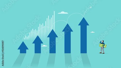 business growth with investment earning rising up, profit performance or investment sales growth, market value of equity concept, businessman with banknotes observing business income growth graph
