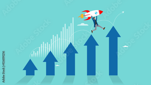 solopreneur or independent businessman, freelancer concept, business owners who work alone to develop their business, businessman launches company rocket alone above the business growth graph