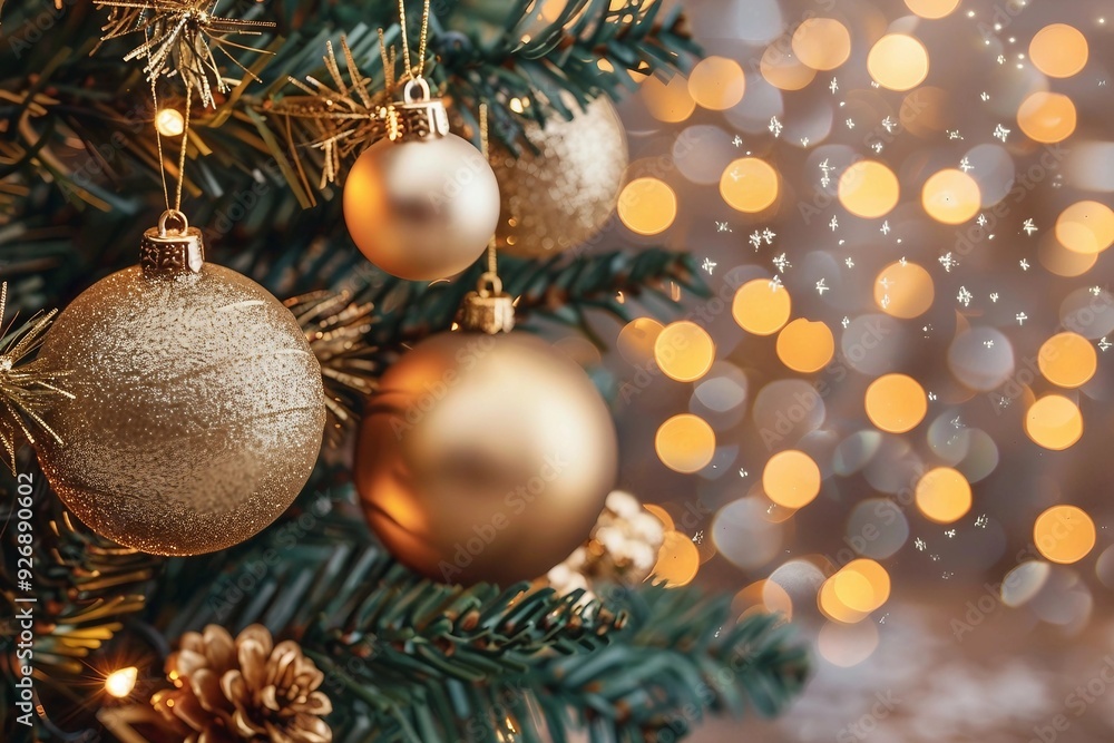 Christmas evening balls on hanging on Cristmass tree against holiday lights background. New year gold decorations with garlands.Christmas evening balls on hanging on Cristmass tree Christmas evening balls on hanging on Cristmass tree against holiday lights background. New year gold decorations with garlands.Christmas evening balls on hanging on Cristmass tree