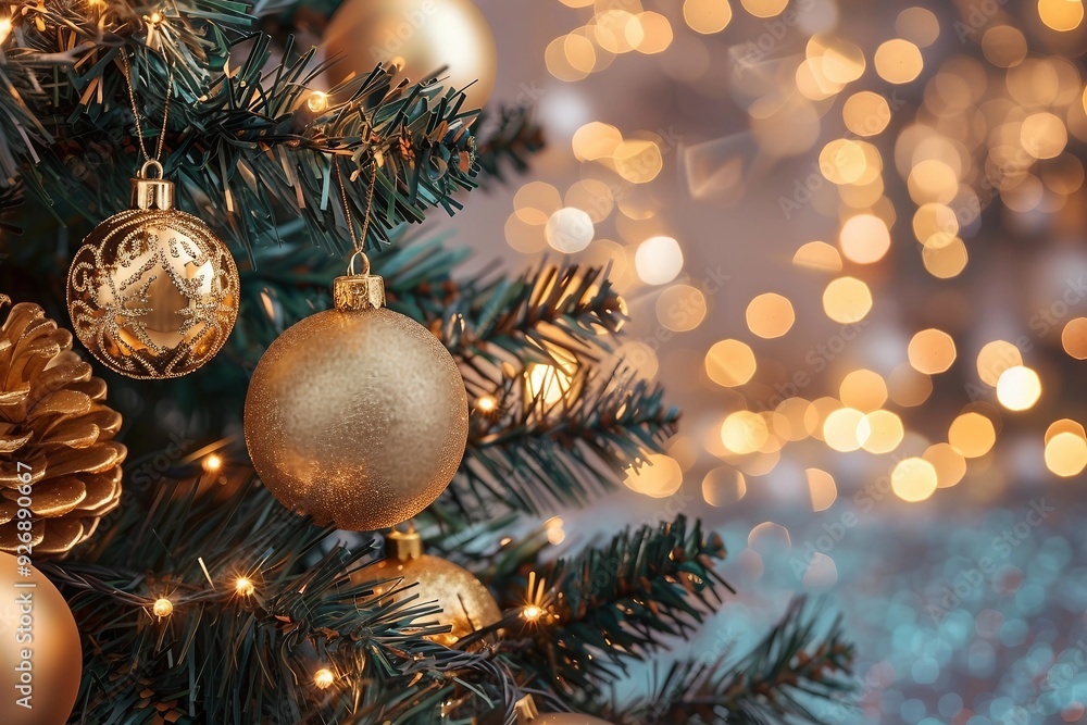 Christmas evening balls on hanging on Cristmass tree against holiday lights background. New year gold decorations with garlands.Christmas evening balls on hanging on Cristmass tree