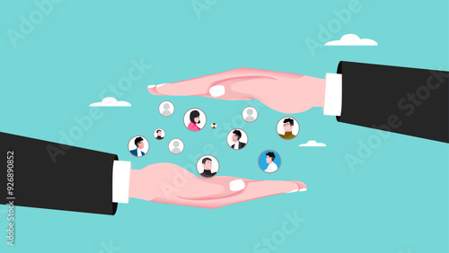 Customer retention, membership system or marketing strategy with a subscription concept, maintain customer loyalty, big businessman hand keep several consumers comfortable and become regular customers