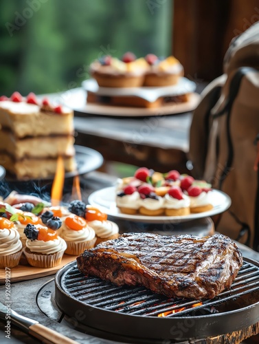 Deliciously grilled steak served alongside an array of decadent desserts and cupcakes, perfect for a summer gathering. photo