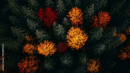 Vibrant Aerial Drone Shot of Autumn Forest Landscape with Colorful Foliage