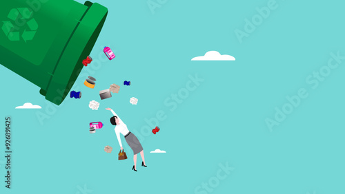 Mass layoffs due to inadequate human resources, impact of technological advances, loss of a job, the impact of artificial intelligence, businesswoman thrown away with the trash