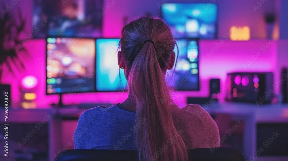 Woman at Computer in a Colorful Room