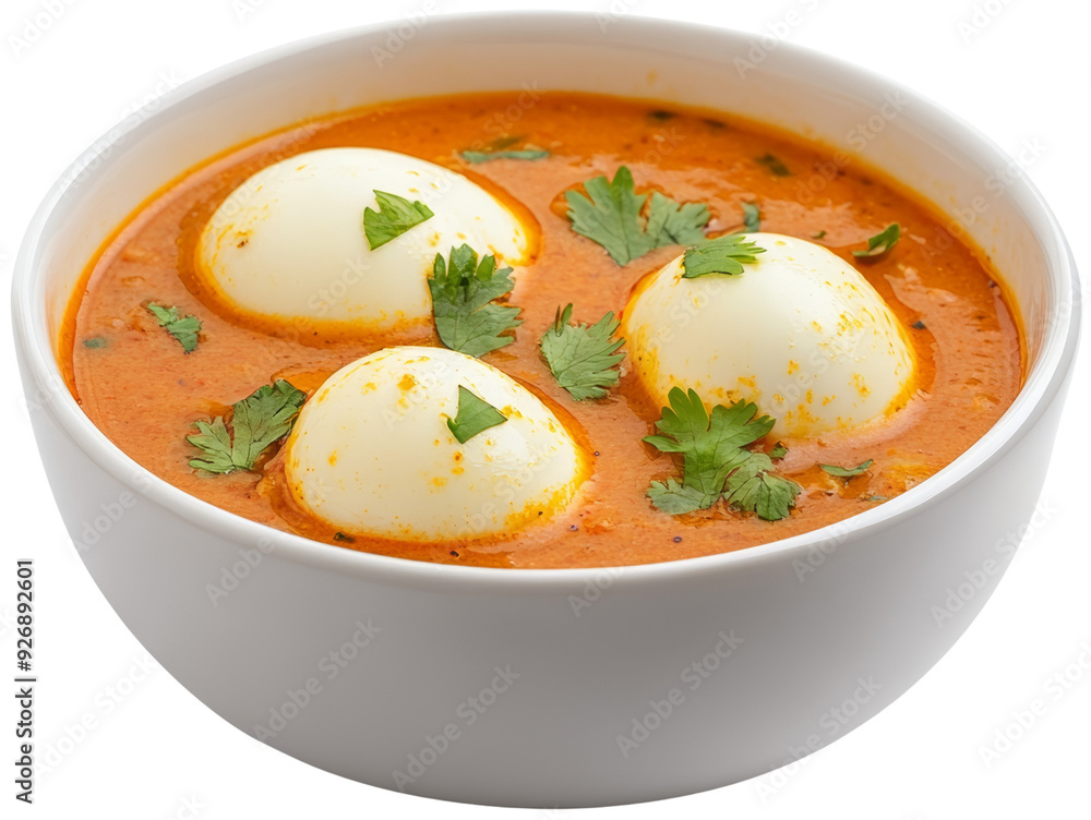 A delicious bowl of egg curry garnished with fresh cilantro in a rich, creamy sauce, perfect for a comforting meal. cut out, PNG, isolated on transparent background. A delicious bowl of egg curry garnished with fresh cilantro in a rich, creamy sauce, perfect for a comforting meal. cut out, PNG, isolated on transparent background.