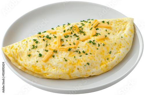 A delicious cheese omelette garnished with fresh herbs on a white plate, perfect for breakfast or brunch. cut out, PNG, isolated on transparent background.