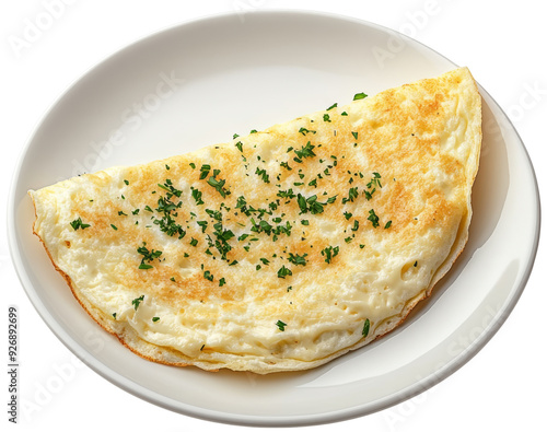 A delicious omelette garnished with herbs, served on a white plate. Perfect for breakfast or brunch. cut out, PNG, isolated on transparent background.