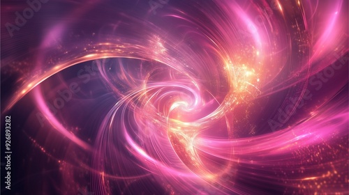 Spiraling Waves of Pink and Gold Light in Abstract Digital Artwork.