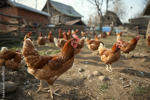 Chicken coop with chickens in the village