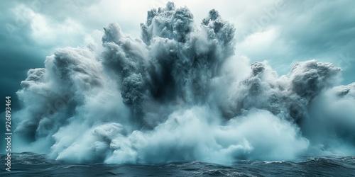 Iceberg collapse captured mid-action, with massive chunks breaking off and crashing into the ocean