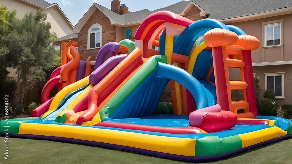 Water slide with an inflatable bounce house in the garden and a colorful bouncy castle Water slide with an inflatable bounce house in the garden and a colorful bouncy castle