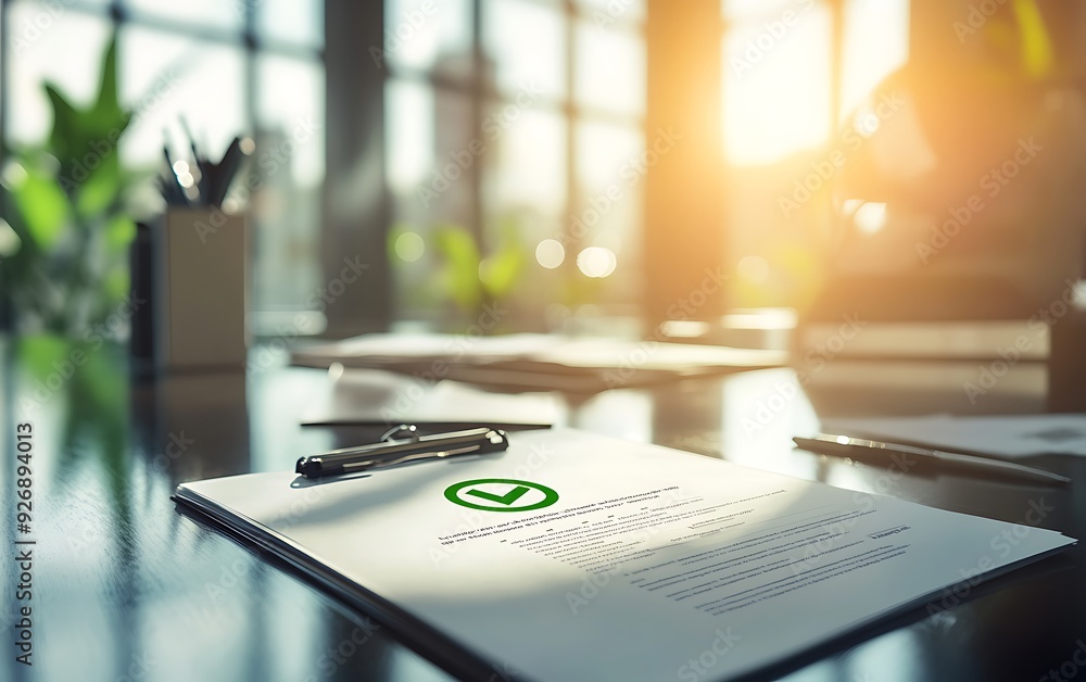 Validated Document with Green Check Mark on Polished Corporate Desk Validated Document with Green Check Mark on Polished Corporate Desk