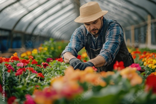 Horticultural guardian: greenhouse worker tending to flowers, managing plant health and growth, environment of beauty and vitality through diligent care and expert horticultural practices