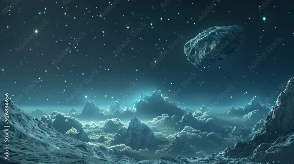 Asteroid in Space with Mountains and Clouds - A stunning artwork portraying an asteroid in the vastness of space, set against a backdrop of majestic mountains and fluffy cumulus clouds. Asteroid in Space with Mountains and Clouds - A stunning artwork portraying an asteroid in the vastness of space, set against a backdrop of majestic mountains and fluffy cumulus clouds.