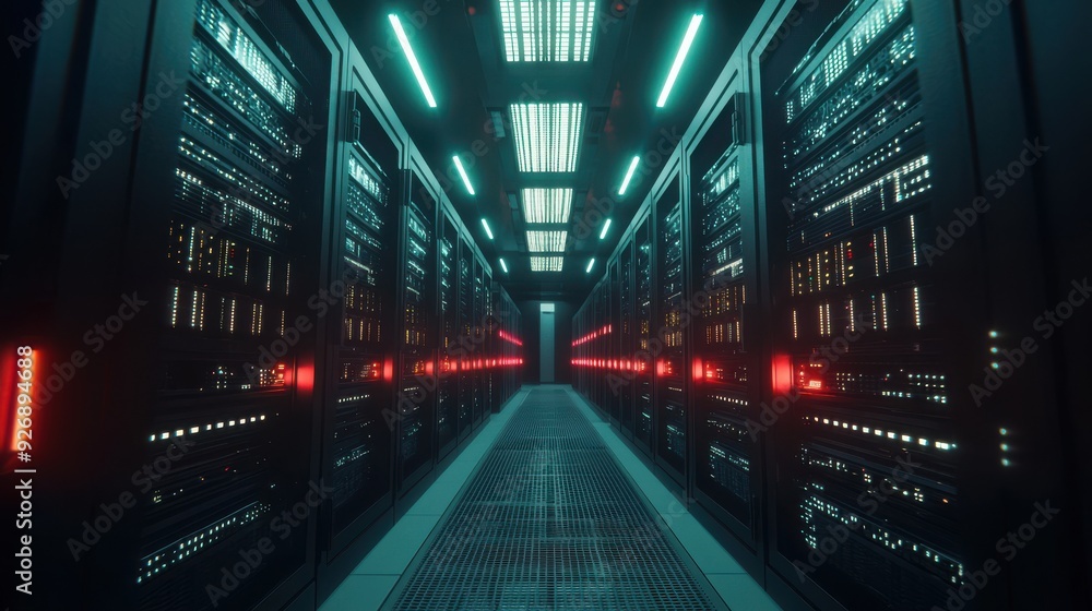 Rows of servers in an advanced data center, the blinking lights and constant hum emphasizing the critical infrastructure supporting AI technology Rows of servers in an advanced data center, the blinking lights and constant hum emphasizing the critical infrastructure supporting AI technology