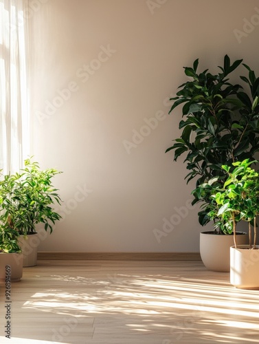Stylish living room with large potted green plants