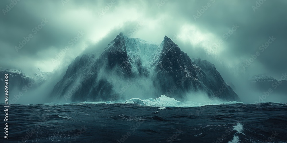 Massive iceberg crumbling into the ocean with dramatic waves and mist Massive iceberg crumbling into the ocean with dramatic waves and mist