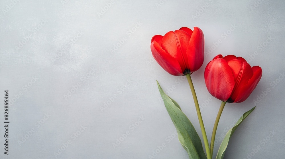 Two vibrant red tulips on a soft gray background, symbolizing beauty and nature. Two vibrant red tulips on a soft gray background, symbolizing beauty and nature.