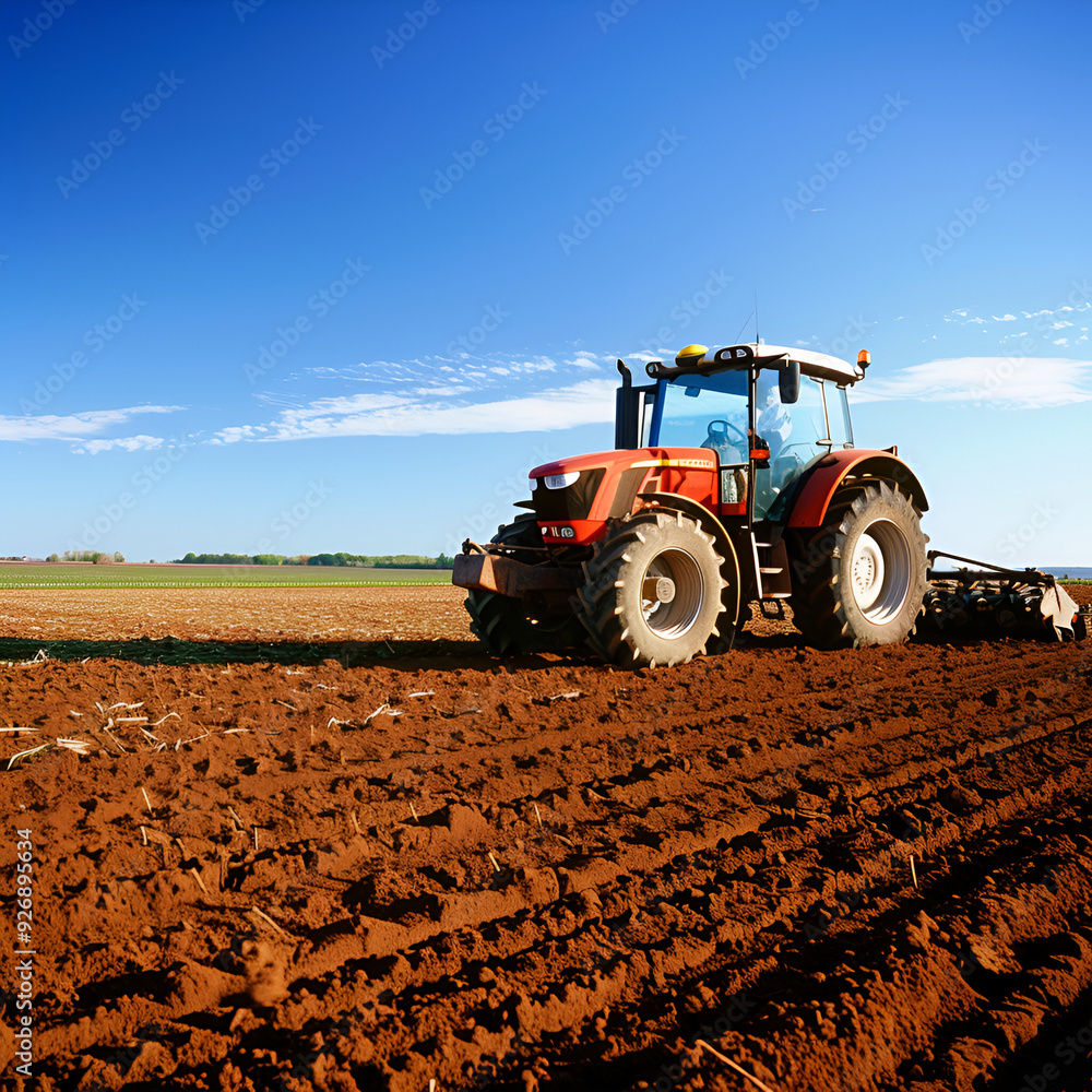 Fototapeta premium State-of-the-art tractor plowing a field with fresh soil and crops.