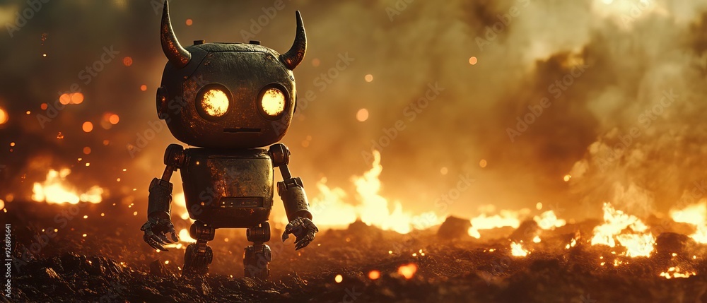 Android robot with devil horns and a tail, standing in a fiery landscape with ample space for copy text Android robot with devil horns and a tail, standing in a fiery landscape with ample space for copy text